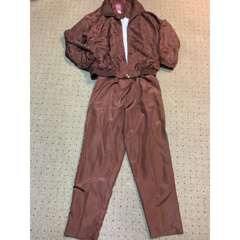 Active Studio Vintage Track Jogging Suit Brown Leaf Embossed Pockets szM